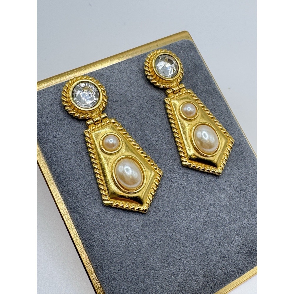 TAT Gold Tone Faux Pearl Rhinestone Dangle Drop Earrings Etruscan Revival Bold